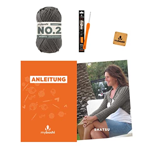 myboshi Häkelset Jacke Shatsu, inkl. No.2 Wolle, Häkelnadel, Anleitung, original Label, Häkelpaket, 85% Baumwolle, 15% Kapok Titangrau mit Häkelnadel von myboshi