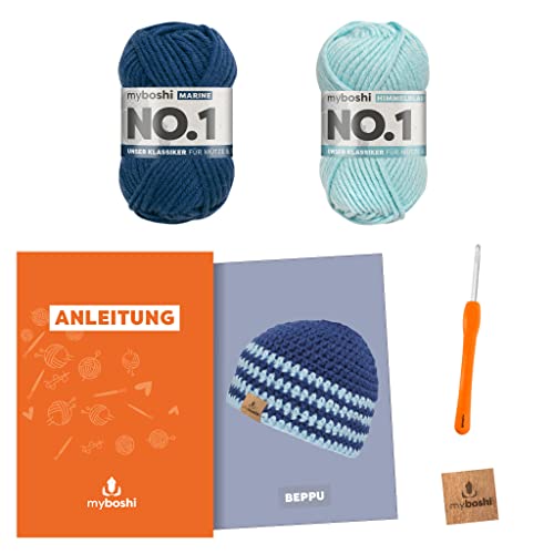 myboshi Häkelset Kindermütze Beppu, inkl. No.1 Wolle, Nadel und Anleitung, original Label, Häkelpaket, 30% Merinowolle Blau, mit Häkelnadel myboshi Häkelset Kindermütze Beppu, inkl. No.1 Wolle, Nadel und Anleitung, original Label, Häkelpaket, 30% Merinowolle Blau, mit Häkelnadel von myboshi