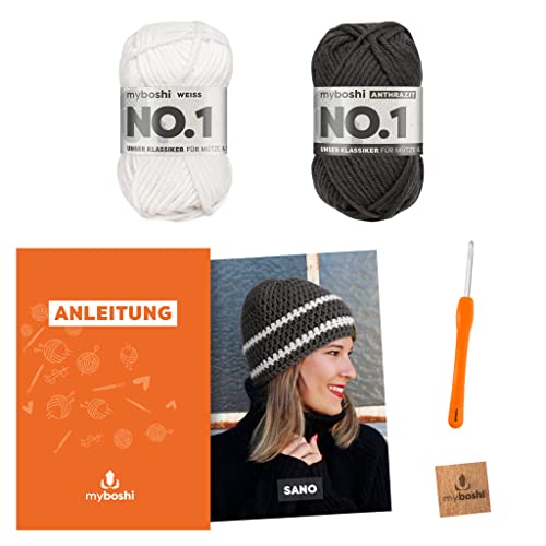 myboshi Häkelset Kindermütze Sano, inkl. No.1 Wolle, Nadel und Anleitung, original Label, Häkelpaket, 30% Merinowolle Schwarz, mit Häkelnadel von myboshi