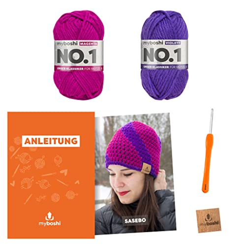 myboshi Häkelset Kindermütze Sasebo, inkl. No.1 Wolle, Nadel und Anleitung, original Label, Häkelpaket, 30% Merinowolle Pink, Lila, mit Häkelnadel von myboshi