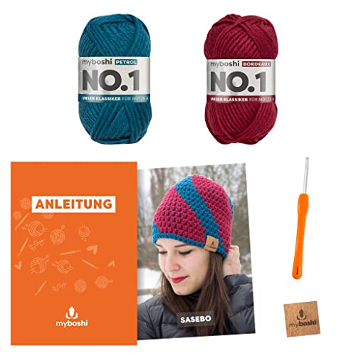 myboshi Häkelset Kindermütze Sasebo, inkl. No.1 Wolle, Nadel und Anleitung, original Label, Häkelpaket, 30% Merinowolle Rot, Blau, mit Häkelnadel myboshi Häkelset Kindermütze Sasebo, inkl. No.1 Wolle, Nadel und Anleitung, original Label, Häkelpaket, 30% Merinowolle Rot, Blau, mit Häkelnadel von myboshi