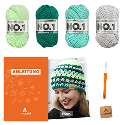 myboshi Häkelset Mütze Agano, inkl. No.1 Wolle, Nadel und Anleitung, für Mützen und Schals, Häkelpaket, 30% Merinowolle Grün, Grau, mit Häkelnadel myboshi Häkelset Mütze Agano, inkl. No.1 Wolle, Nadel und Anleitung, für Mützen und Schals, Häkelpaket, 30% Merinowolle Grün, Grau, mit Häkelnadel von myboshi