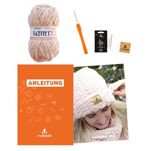 myboshi Häkelset Mütze Kanuma Big für Anfänger, inkl. Samt XL Wolle, Häkelnadel, Wollnadeln, Anleitung, Label, 100% Polyester, Rosa (Magnolie) mit Häkelnadel von myboshi