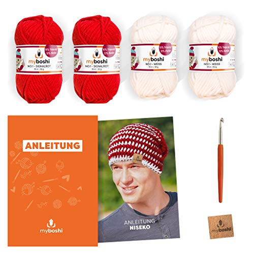 myboshi Häkelset Mütze Niseko, inkl. No.1 Wolle, Nadel und Anleitung, für Mützen und Schals, Häkelpaket, 30% Merinowolle Weiß, Rot mit Häkelnadel von myboshi