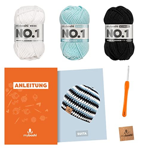 myboshi Häkelset Mütze Suita für Anfänger, inkl. No.1 Wolle, Nadel und Anleitung, original Label, Häkelpaket, 30% Merinowolle Weiß, Blau, Schwarz, mit Häkelnadel myboshi Häkelset Mütze Suita für Anfänger, inkl. No.1 Wolle, Nadel und Anleitung, original Label, Häkelpaket, 30% Merinowolle Weiß, Blau, Schwarz, mit Häkelnadel von myboshi