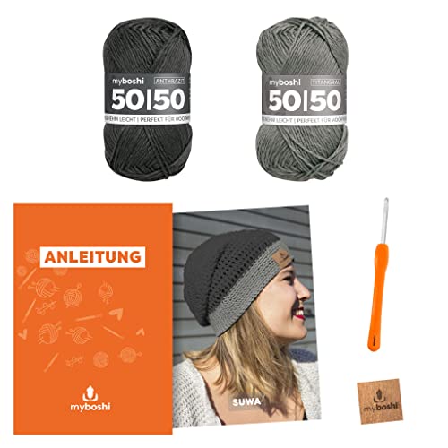 myboshi Häkelset Mütze Suwa, inkl. 50/50 Wolle, Nadel und Anleitung, Häkelpaket, 50% Baumwolle, 50% Merinowolle Grau, mit Häkelnadel myboshi Häkelset Mütze Suwa, inkl. 50/50 Wolle, Nadel und Anleitung, Häkelpaket, 50% Baumwolle, 50% Merinowolle Grau, mit Häkelnadel von myboshi