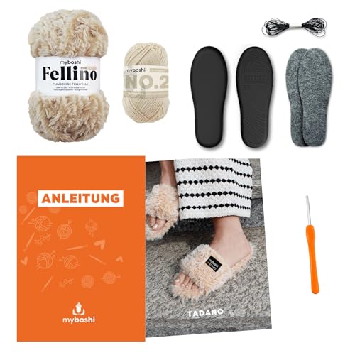 myboshi Häkelset Pantoffellino Tadano, für Anfänger, Botties Sohlen-Set, Fellino Wolle, Häkelnadel, Anleitung und Label, 100% Polyester, Beige Größe S (37/38) von myboshi