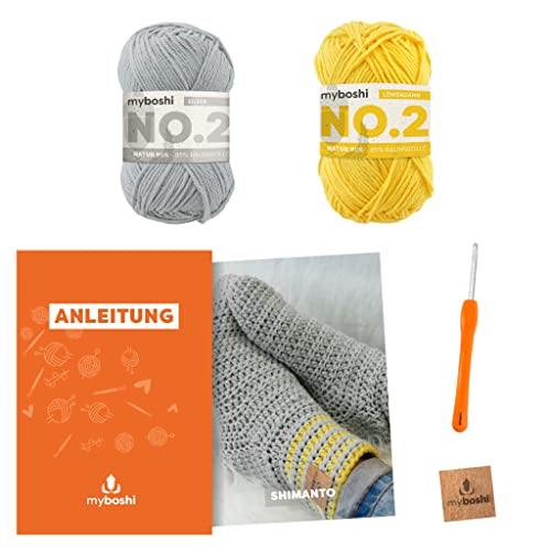 myboshi Häkelset Socken Shimanto, Häkelset für Anfänger, inkl. No.2 Wolle, Häkelnadel und Anleitung, Label, Häkelpaket, 85% Baumwolle, 15% Kapok Gelb mit Häkelnadel von myboshi