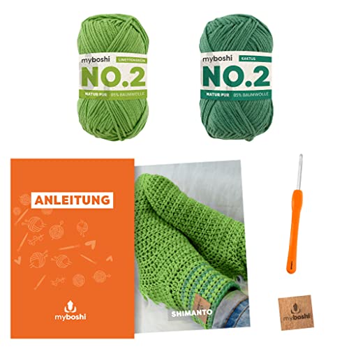 myboshi Häkelset Socken Shimanto, Häkelset für Anfänger, inkl. No.2 Wolle, Häkelnadel und Anleitung, Label, Häkelpaket, 85% Baumwolle, 15% Kapok Grün mit Häkelnadel myboshi Häkelset Socken Shimanto, Häkelset für Anfänger, inkl. No.2 Wolle, Häkelnadel und Anleitung, Label, Häkelpaket, 85% Baumwolle, 15% Kapok Grün mit Häkelnadel von myboshi