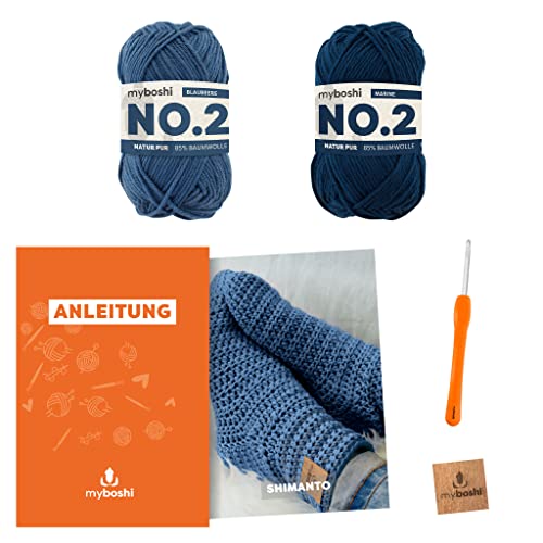 myboshi Häkelset Socken Shimanto, Häkelset für Anfänger, inkl. No.2 Wolle, Häkelnadel und Anleitung, Label, Häkelpaket, 85% Baumwolle, 15% Kapok Hellblau mit Häkelnadel von myboshi