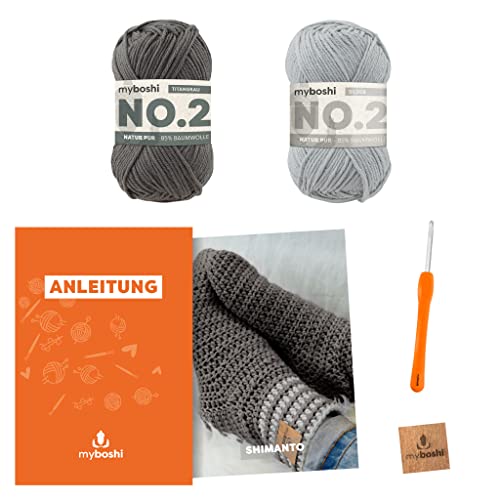 myboshi Häkelset Socken Shimanto, Häkelset für Anfänger, inkl. No.2 Wolle, Häkelnadel und Anleitung, Label, Häkelpaket, 85% Baumwolle, 15% Kapok Hellgrau mit Häkelnadel von myboshi