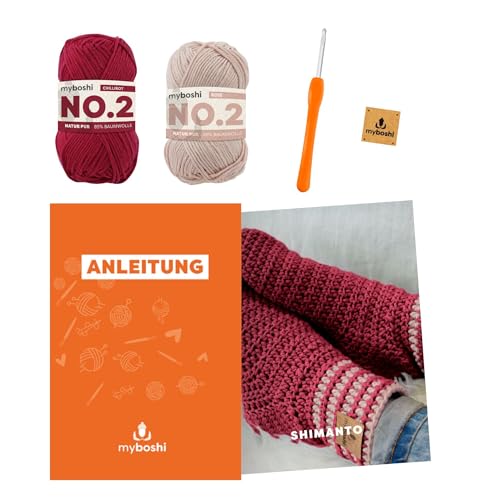 myboshi Häkelset Socken Shimanto, Häkelset für Anfänger, inkl. No.2 Wolle, Häkelnadel und Anleitung, Label, Häkelpaket, 85% Baumwolle, 15% Kapok Rot mit Häkelnadel von myboshi