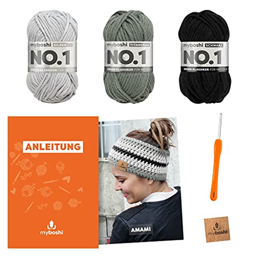 myboshi Häkelset Stirnband Amami, inkl. No.1 Wolle, Nadel und Anleitung, für Mützen und Stirnbänder, Häkelpaket, 30% Merinowolle Grau mit Häkelnadel von myboshi