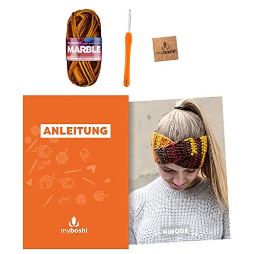 myboshi Häkelset Stirnband Hinode, inkl. Marble Wolle, Nadel und Anleitung, original Label, Häkelpaket, 30% Merinowolle Gelb, mit Häkelnadel von myboshi