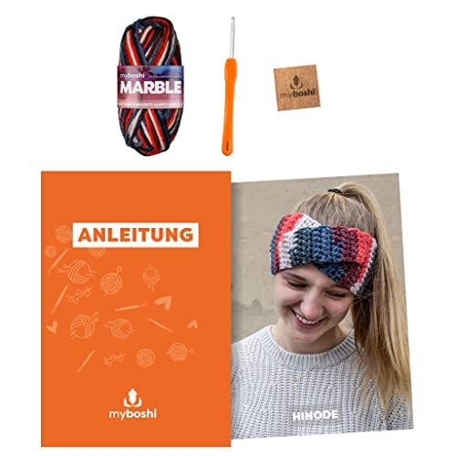 myboshi Häkelset Stirnband Hinode, inkl. Marble Wolle, Nadel und Anleitung, original Label, Häkelpaket, 30% Merinowolle Rot, mit Häkelnadel von myboshi