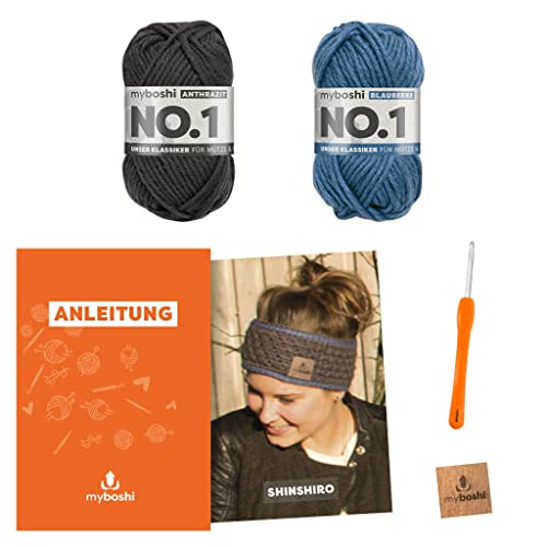 myboshi Häkelset Stirnband Shinshiro, inkl. No.1 Wolle, Nadel und Anleitung, für Mützen und Stirnbänder, Häkelpaket, 30% Merinowolle Grau, Blau, mit Rundstricknadel myboshi Häkelset Stirnband Shinshiro, inkl. No.1 Wolle, Nadel und Anleitung, für Mützen und Stirnbänder, Häkelpaket, 30% Merinowolle Grau, Blau, mit Rundstricknadel von myboshi