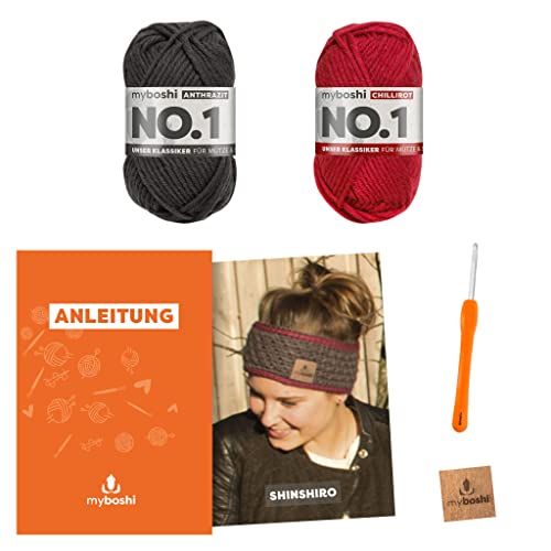 myboshi Häkelset Stirnband Shinshiro, inkl. No.1 Wolle, Nadel und Anleitung, für Mützen und Stirnbänder, Häkelpaket, 30% Merinowolle Grau, Rot mit Rundstricknadel myboshi Häkelset Stirnband Shinshiro, inkl. No.1 Wolle, Nadel und Anleitung, für Mützen und Stirnbänder, Häkelpaket, 30% Merinowolle Grau, Rot mit Rundstricknadel von myboshi