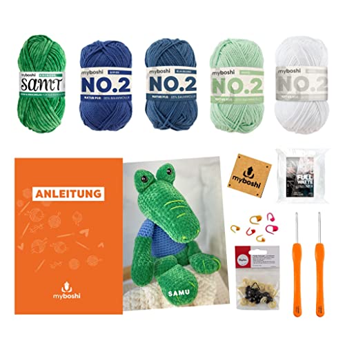 myboshi Häkelset Stofftier Krokodil Samu, inkl. Samt Wolle, No.2 Wolle, Füllwatte, Sicherheitsaugen, Maschenmarkierer, Anleitung und Label, 100% Polyester, Grün, mit Häkelnadel von myboshi