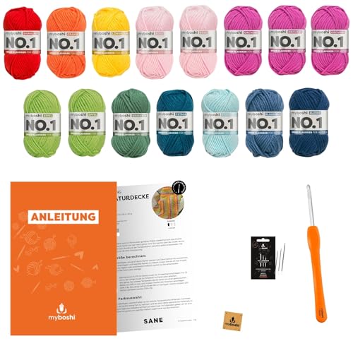 myboshi Häkelset Temperaturdecke Sane, für Anfänger, 15 Knäuel Wolle, Häkelnadel, Wollnadeln, Anleitung, Label, 30% Wolle (Merinowolle) Bunt Starterset von myboshi