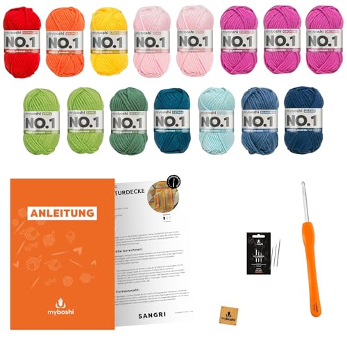 myboshi Häkelset Temperaturdecke Sangri, für Anfänger, 15 Knäuel Wolle, Häkelnadel, Wollnadeln, Anleitung, Label, 30% Wolle (Merinowolle) Bunt Starterset von myboshi