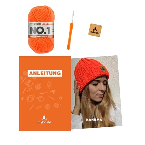 myboshi Häkelset Wintermütze Kanuma, inkl. No.1 Wolle, Nadel und Anleitung, Häkelpaket für Anfänger, 30% Merinowolle Neonorange mit Häkelnadel von myboshi