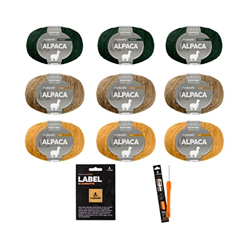 myboshi Macchu Picchu Wollpaket, herbstliche Alpaca Wolle, Häkelnadel, Label, 9 Knäuel x 50g, Lauflänge 90m, Macchu Picchu 9 Knäuel + Häkelnadel von myboshi