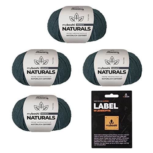 myboshi Naturals, 100% naturgefärbte Wolle (Merinowolle) mit Label, nachhaltig, weich und geschmeidig, perfekt für exklusive Oberbekleidung, 50g, Ll 150m Blau (Indaco), 4 Knäuel von myboshi