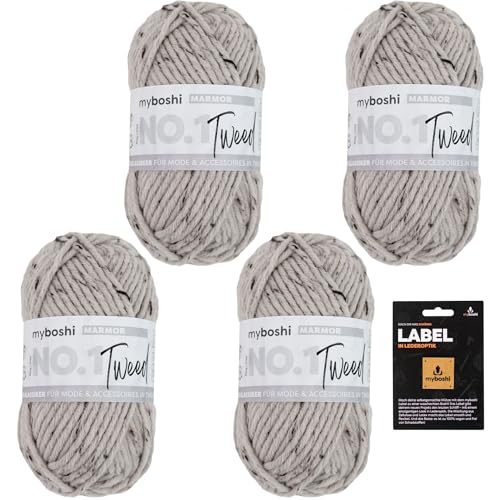 myboshi No.1 Tweed, Schnellstrickgarn in Tweed-Optik, mit Label, mulesing-freie Mützenwolle, Strickwolle, Häkelwolle, pflegeleicht, 50g, Ll 55m Beige (Marmor) 4 Knäuel von myboshi