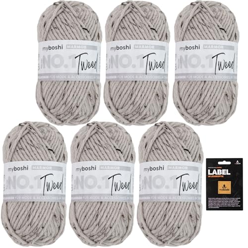 myboshi No.1 Tweed, Schnellstrickgarn in Tweed-Optik, mit Label, mulesing-freie Mützenwolle, Strickwolle, Häkelwolle, pflegeleicht, 50g, Ll 55m Beige (Marmor) 6 Knäuel von myboshi