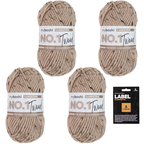 myboshi No.1 Tweed, Schnellstrickgarn in Tweed-Optik, mit Label, mulesing-freie Mützenwolle, Strickwolle, Häkelwolle, pflegeleicht, 50g, Ll 55m Braun (Sandstein) 4 Knäuel von myboshi