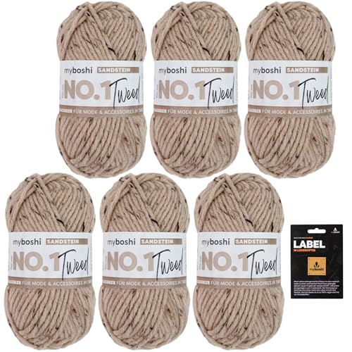 myboshi No.1 Tweed, Schnellstrickgarn in Tweed-Optik, mit Label, mulesing-freie Mützenwolle, Strickwolle, Häkelwolle, pflegeleicht, 50g, Ll 55m Braun (Sandstein) 6 Knäuel von myboshi