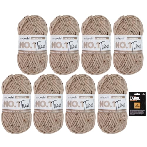 myboshi No.1 Tweed, Schnellstrickgarn in Tweed-Optik, mit Label, mulesing-freie Mützenwolle, Strickwolle, Häkelwolle, pflegeleicht, 50g, Ll 55m Braun (Sandstein) 8 Knäuel von myboshi