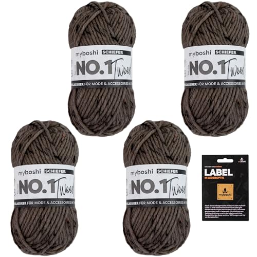 myboshi No.1 Tweed, Schnellstrickgarn in Tweed-Optik, mit Label, mulesing-freie Mützenwolle, Strickwolle, Häkelwolle, pflegeleicht, 50g, Ll 55m Dunkelgrau (Schiefer) 4 Knäuel von myboshi