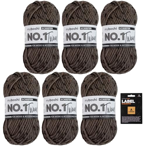 myboshi No.1 Tweed, Schnellstrickgarn in Tweed-Optik, mit Label, mulesing-freie Mützenwolle, Strickwolle, Häkelwolle, pflegeleicht, 50g, Ll 55m Dunkelgrau (Schiefer) 6 Knäuel von myboshi