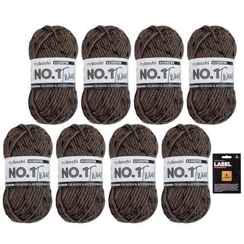 myboshi No.1 Tweed, Schnellstrickgarn in Tweed-Optik, mit Label, mulesing-freie Mützenwolle, Strickwolle, Häkelwolle, pflegeleicht, 50g, Ll 55m Dunkelgrau (Schiefer) 8 Knäuel von myboshi