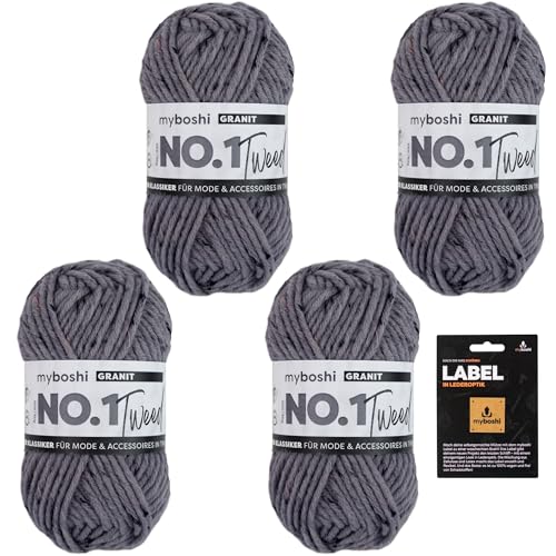 myboshi No.1 Tweed, Schnellstrickgarn in Tweed-Optik, mit Label, mulesing-freie Mützenwolle, Strickwolle, Häkelwolle, pflegeleicht, 50g, Ll 55m Grau (Granit) 4 Knäuel von myboshi