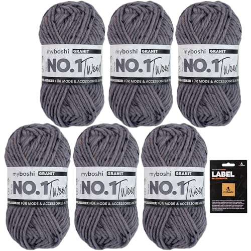 myboshi No.1 Tweed, Schnellstrickgarn in Tweed-Optik, mit Label, mulesing-freie Mützenwolle, Strickwolle, Häkelwolle, pflegeleicht, 50g, Ll 55m Grau (Granit) 6 Knäuel von myboshi