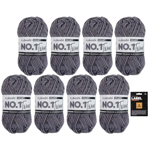 myboshi No.1 Tweed, Schnellstrickgarn in Tweed-Optik, mit Label, mulesing-freie Mützenwolle, Strickwolle, Häkelwolle, pflegeleicht, 50g, Ll 55m Grau (Granit) 8 Knäuel von myboshi