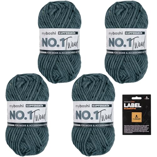 myboshi No.1 Tweed, Schnellstrickgarn in Tweed-Optik, mit Label, mulesing-freie Mützenwolle, Strickwolle, Häkelwolle, pflegeleicht, 50g, Ll 55m Grün (Kupfergrün) 4 Knäuel von myboshi