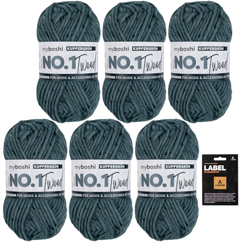 myboshi No.1 Tweed, Schnellstrickgarn in Tweed-Optik, mit Label, mulesing-freie Mützenwolle, Strickwolle, Häkelwolle, pflegeleicht, 50g, Ll 55m Grün (Kupfergrün) 6 Knäuel von myboshi