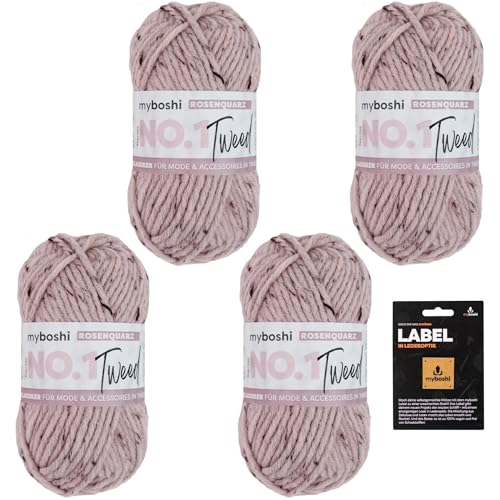 myboshi No.1 Tweed, Schnellstrickgarn in Tweed-Optik, mit Label, mulesing-freie Mützenwolle, Strickwolle, Häkelwolle, pflegeleicht, 50g, Ll 55m Rosa (Rosenquarz) 4 Knäuel von myboshi