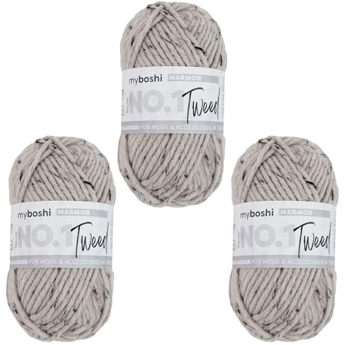 myboshi No.1 Tweed, zum Häkeln und Stricken, Schnellstrickgarn, mulesing-freie Mützenwolle, Strickwolle, Häkelwolle, 50g, Ll 55m Beige (Marmor) 3 Knäuel von myboshi