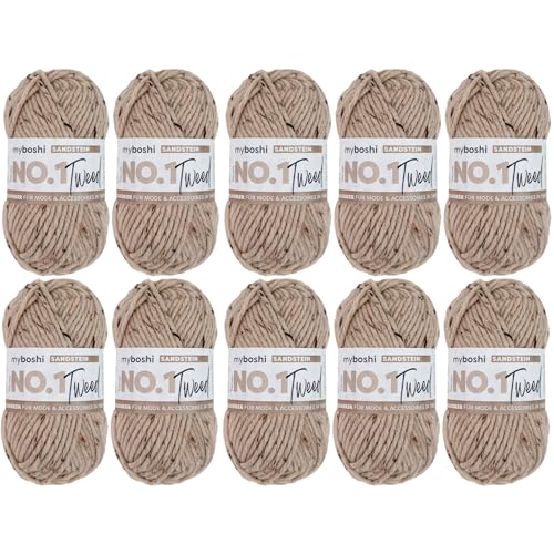 myboshi No.1 Tweed, zum Häkeln und Stricken, Schnellstrickgarn, mulesing-freie Mützenwolle, Strickwolle, Häkelwolle, 50g, Ll 55m Braun (Sandstein), 10 Knäuel von myboshi