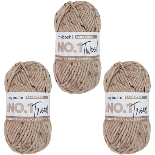 myboshi No.1 Tweed, zum Häkeln und Stricken, Schnellstrickgarn, mulesing-freie Mützenwolle, Strickwolle, Häkelwolle, 50g, Ll 55m Braun (Sandstein) 3 Knäuel von myboshi
