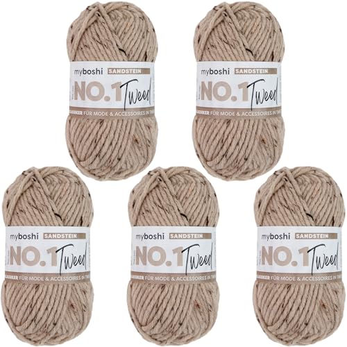 myboshi No.1 Tweed, zum Häkeln und Stricken, Schnellstrickgarn, mulesing-freie Mützenwolle, Strickwolle, Häkelwolle, 50g, Ll 55m Braun (Sandstein) 5 Knäuel von myboshi