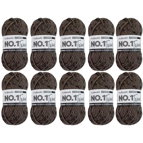 myboshi No.1 Tweed, zum Häkeln und Stricken, Schnellstrickgarn, mulesing-freie Mützenwolle, Strickwolle, Häkelwolle, 50g, Ll 55m Dunkelgrau (Schiefer), 10 Knäuel von myboshi