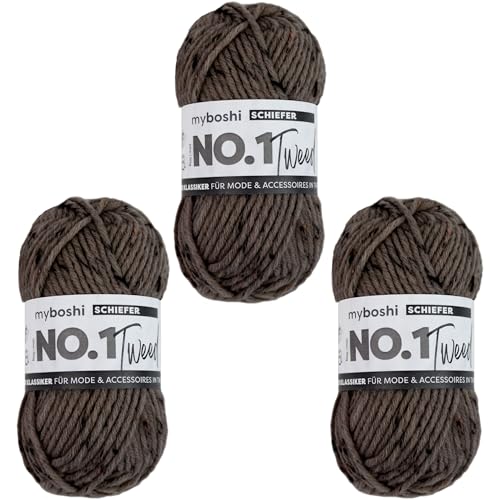 myboshi No.1 Tweed, zum Häkeln und Stricken, Schnellstrickgarn, mulesing-freie Mützenwolle, Strickwolle, Häkelwolle, 50g, Ll 55m Dunkelgrau (Schiefer) 3 Knäuel von myboshi
