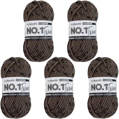myboshi No.1 Tweed, zum Häkeln und Stricken, Schnellstrickgarn, mulesing-freie Mützenwolle, Strickwolle, Häkelwolle, 50g, Ll 55m Dunkelgrau (Schiefer) 5 Knäuel von myboshi