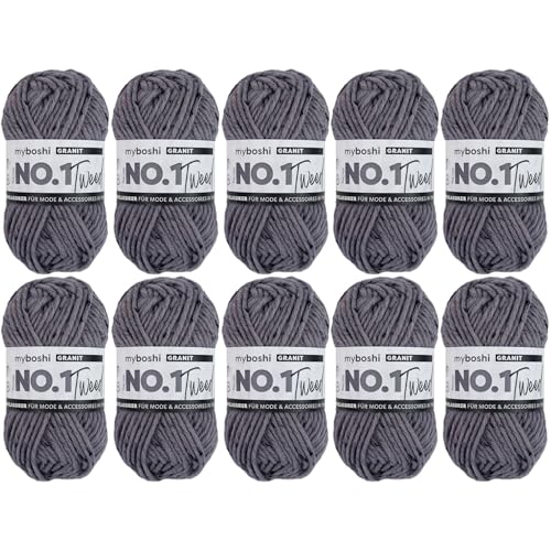 myboshi No.1 Tweed, zum Häkeln und Stricken, Schnellstrickgarn, mulesing-freie Mützenwolle, Strickwolle, Häkelwolle, 50g, Ll 55m Grau (Granit), 10 Knäuel von myboshi