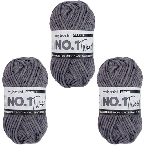myboshi No.1 Tweed, zum Häkeln und Stricken, Schnellstrickgarn, mulesing-freie Mützenwolle, Strickwolle, Häkelwolle, 50g, Ll 55m Grau (Granit) 3 Knäuel von myboshi